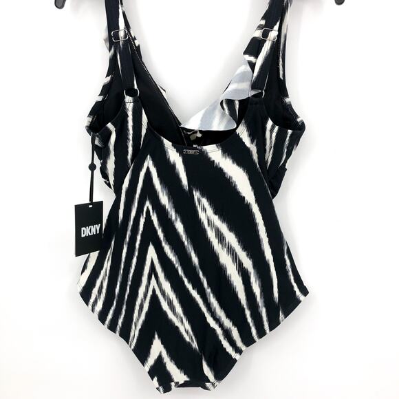 DKNY Ruffle One-piece Swimsuit Size 10 Black White Zebra Tummy Control NWT - Picture 5 of 12